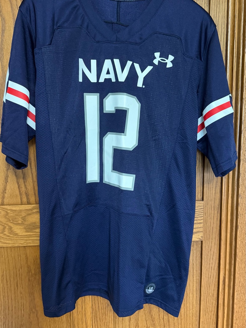Under Armour Navy Men's Football Jersey with White #12 and Red Sleeve Stripes